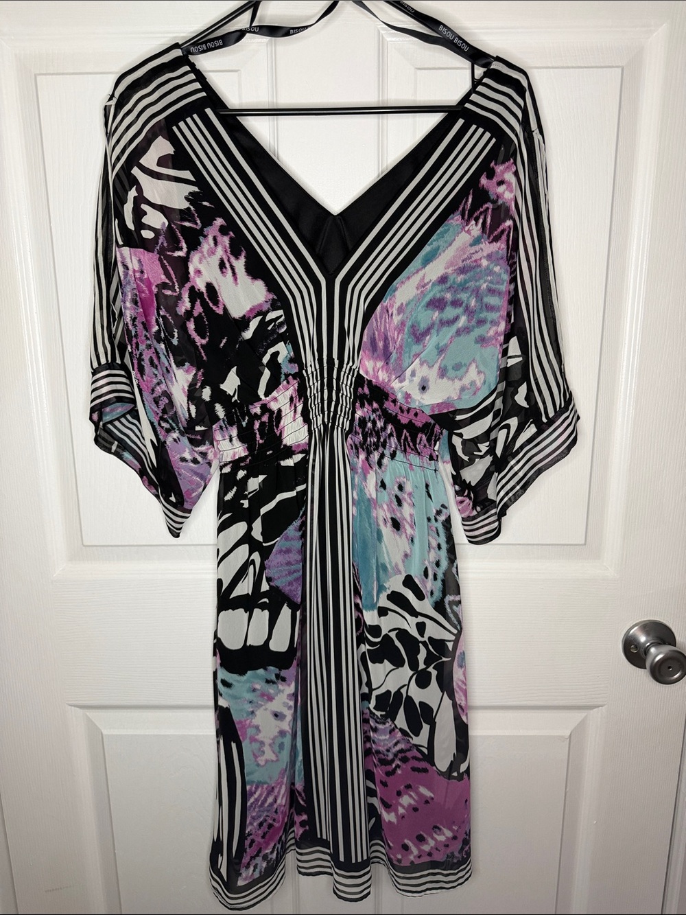Bisou Bisou Black & Purple Abstract V-Neck Midi Dress with Aqua Accents